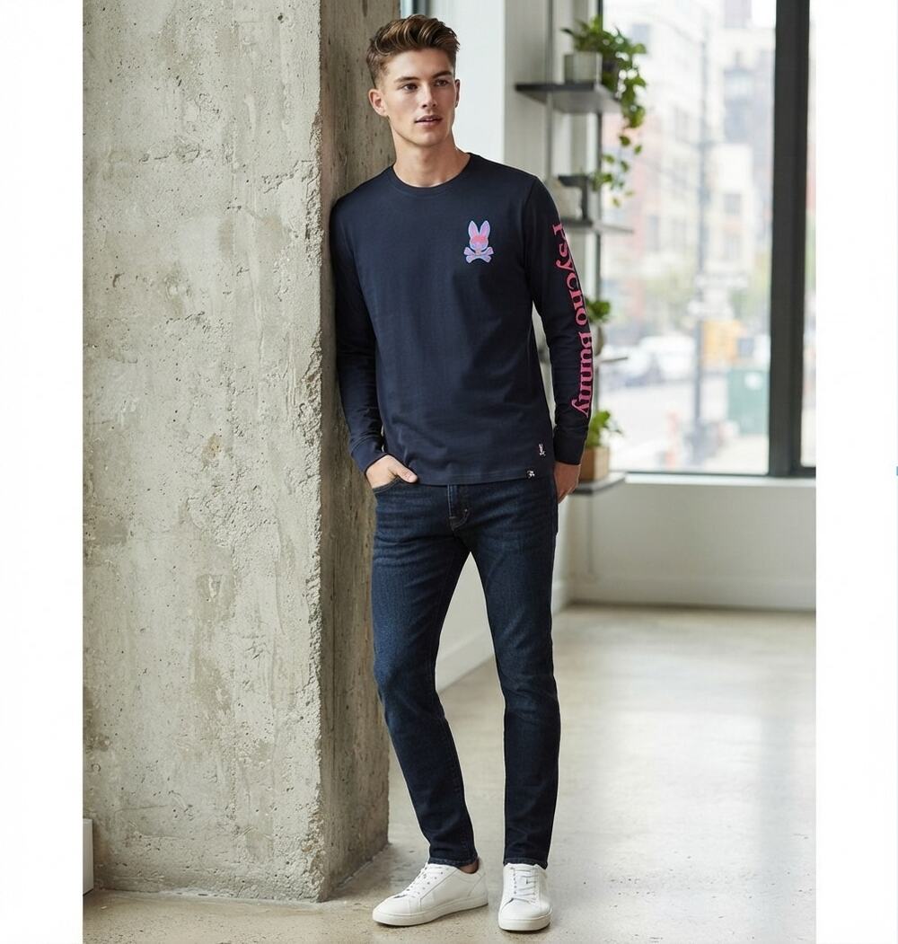 Psycho Bunny Long Sleeve Graphic Tee Navy Blue 100% Pima Cotton Men's Size 4 M